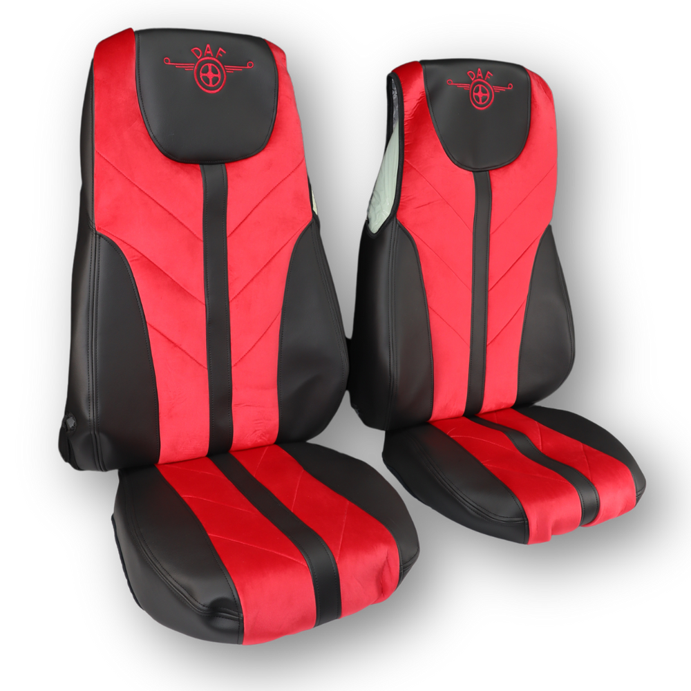 Чехол на сиденья Enterprise DAF XF105 106 XG CF85 LF (2013-2024) (кожа черная - велюр красный) Чехол на сиденья Enterprise DAF XF105 106 XG CF85 LF (2013-2024) (кожа черная - велюр красный)