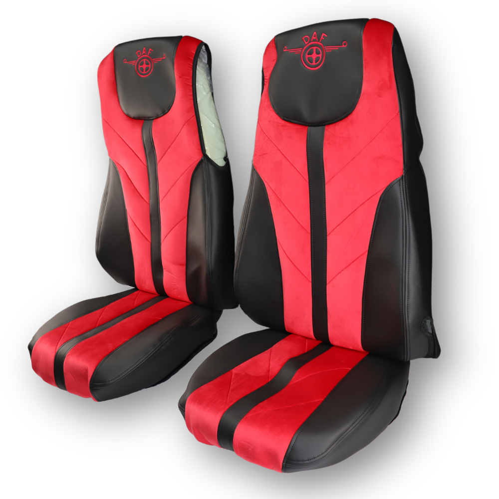 Чехол на сиденья Enterprise DAF XF105 106 XG CF85 LF (2013-2024) (кожа черная - велюр красный) Чехол на сиденья Enterprise DAF XF105 106 XG CF85 LF (2013-2024) (кожа черная - велюр красный)