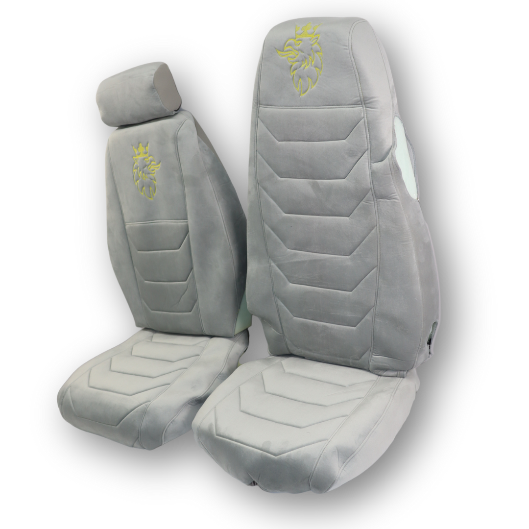 Чохол на сидіння SCANIA R,G,P (2004-2017) водій пілот - пас. складне, сірий велюр Чохол на сидіння SCANIA R,G,P (2004-2017) водій пілот - пас. складне, сірий велюр