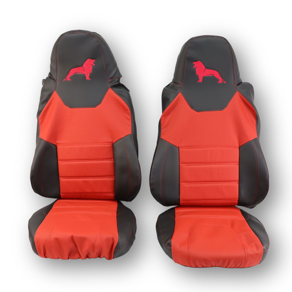 Чехол на сиденья MAN TGX,TGA,TGL,TGM,TGS; (2017) 1 ремень водитель, красная перфор кожа - бока черная Чехол на сиденья MAN TGX,TGA,TGL,TGM,TGS; (2017) 1 ремень водитель, красная перфор кожа - бока черная