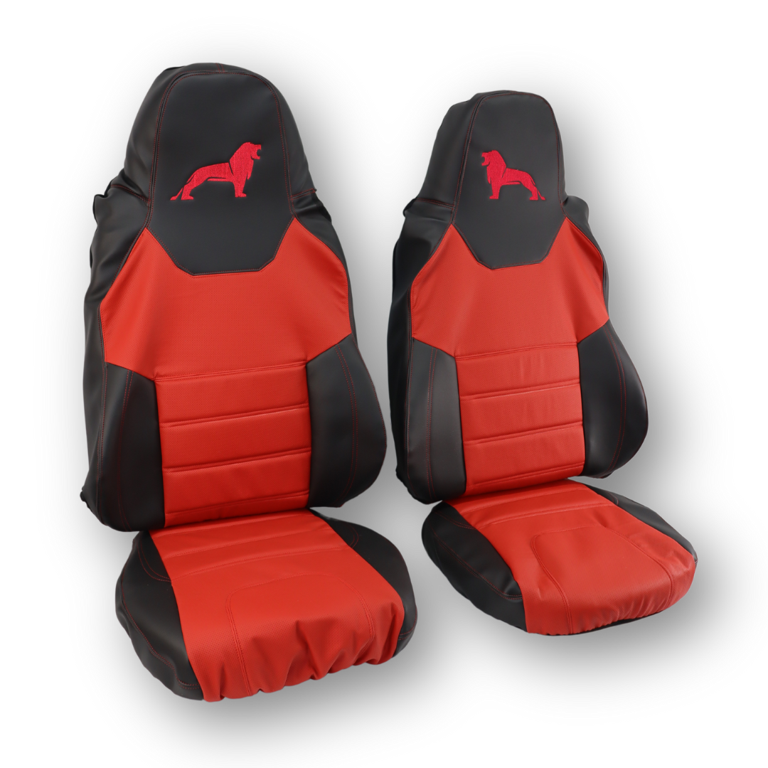 Чехол на сиденья MAN TGX,TGA,TGL,TGM,TGS; (2017) 1 ремень водитель, красная перфор кожа - бока черная Чехол на сиденья MAN TGX,TGA,TGL,TGM,TGS; (2017) 1 ремень водитель, красная перфор кожа - бока черная