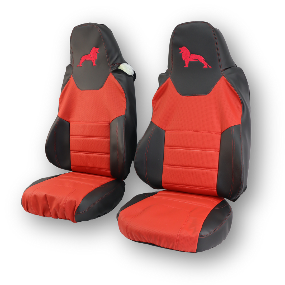 Чехол на сиденья MAN TGX,TGA,TGL,TGM,TGS; (2017) 1 ремень водитель, красная перфор кожа - бока черная Чехол на сиденья MAN TGX,TGA,TGL,TGM,TGS; (2017) 1 ремень водитель, красная перфор кожа - бока черная