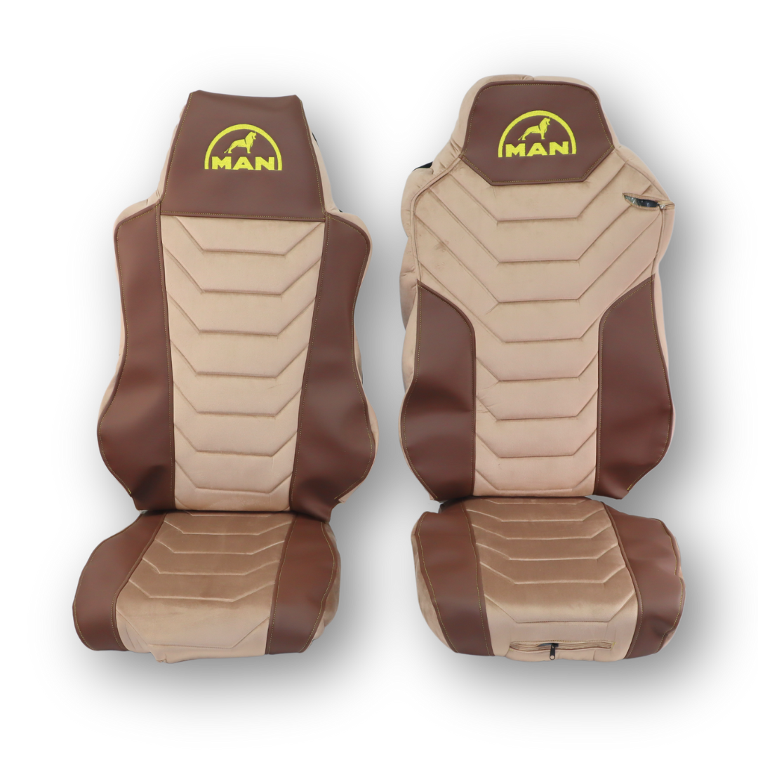 Чехол на сиденья MAN TGX,TGA,TGL,TGM,TGS; (2007-2020) 1 ремень, водитель (Низкий) пассажир (Высокий) бежевый велюр - коричневая кожа Чехол на сиденья MAN TGX,TGA,TGL,TGM,TGS; (2007-2020) 1 ремень, водитель (Низкий) пассажир (Высокий) бежевый велюр - коричневая кожа
