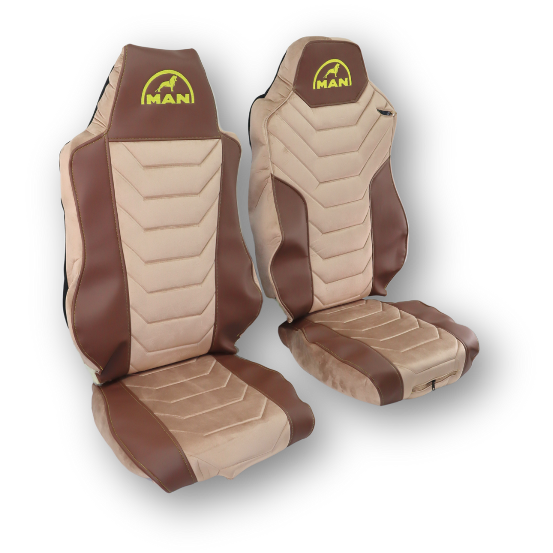 Чехол на сиденья MAN TGX,TGA,TGL,TGM,TGS; (2007-2020) 1 ремень, водитель (Низкий) пассажир (Высокий) бежевый велюр - коричневая кожа Чехол на сиденья MAN TGX,TGA,TGL,TGM,TGS; (2007-2020) 1 ремень, водитель (Низкий) пассажир (Высокий) бежевый велюр - коричневая кожа