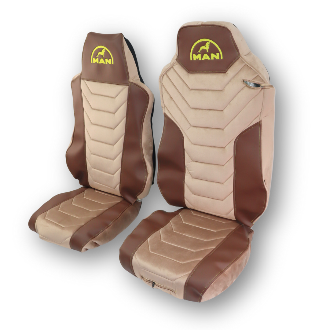 Чехол на сиденья MAN TGX,TGA,TGL,TGM,TGS; (2007-2020) 1 ремень, водитель (Низкий) пассажир (Высокий) бежевый велюр - коричневая кожа Чехол на сиденья MAN TGX,TGA,TGL,TGM,TGS; (2007-2020) 1 ремень, водитель (Низкий) пассажир (Высокий) бежевый велюр - коричневая кожа