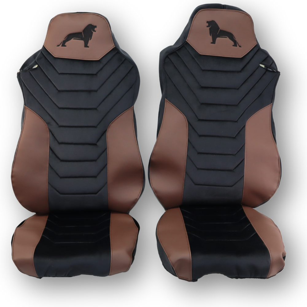 Чохол на сидіння MAN TGX,TGA,TGL,TGM,TGS; (2007-2020) 2 ременя, водій та пасажир (Низький) чорний велюр - коричнева шкіра Чохол на сидіння MAN TGX,TGA,TGL,TGM,TGS; (2007-2020) 2 ременя, водій та пасажир (Низький) чорний велюр - коричнева шкіра