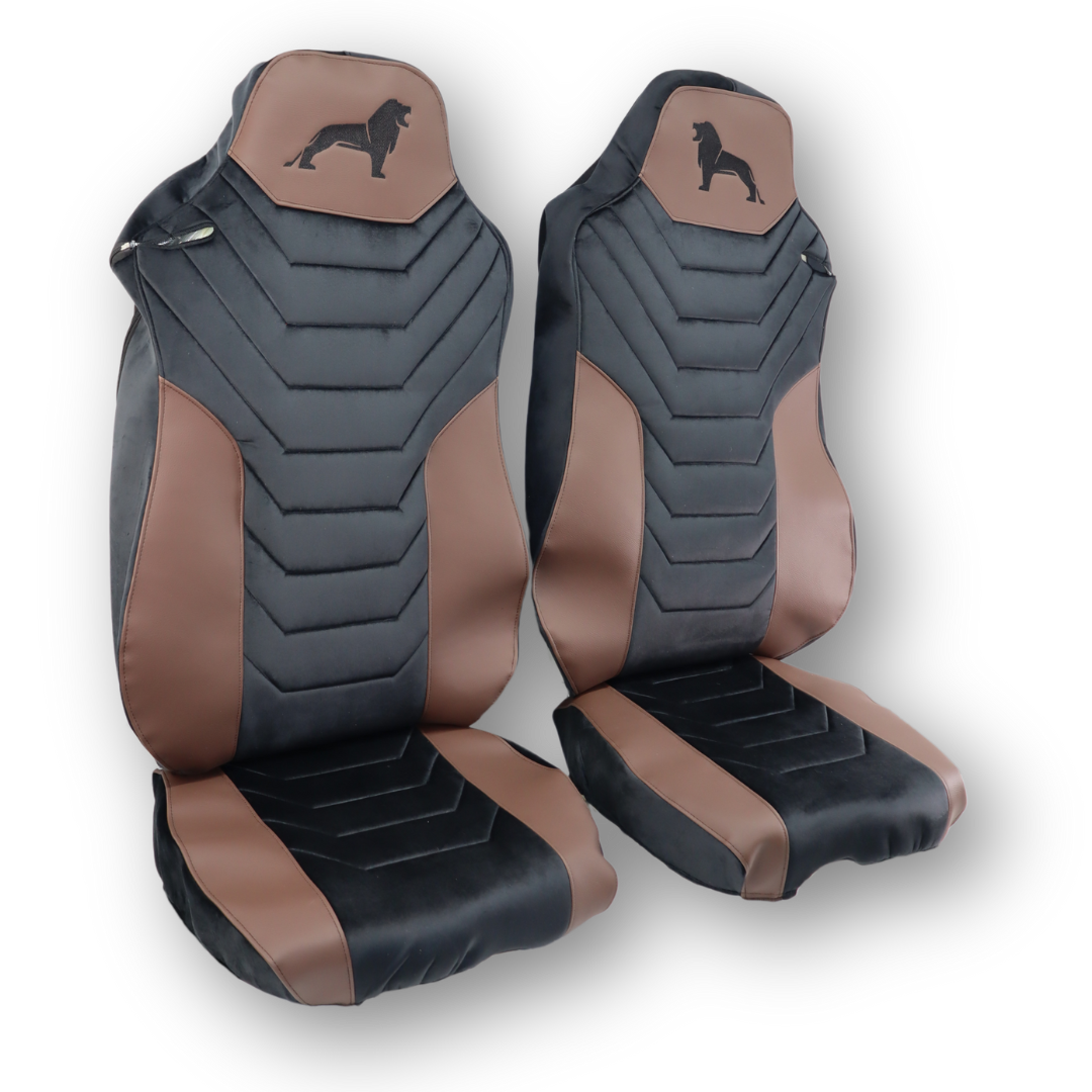 Чохол на сидіння MAN TGX,TGA,TGL,TGM,TGS; (2007-2020) 2 ременя, водій та пасажир (Низький) чорний велюр - коричнева шкіра Чохол на сидіння MAN TGX,TGA,TGL,TGM,TGS; (2007-2020) 2 ременя, водій та пасажир (Низький) чорний велюр - коричнева шкіра