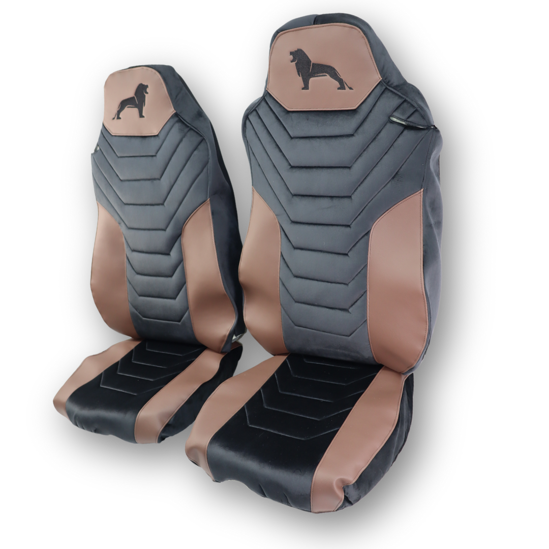 Чохол на сидіння MAN TGX,TGA,TGL,TGM,TGS; (2007-2020) 2 ременя, водій та пасажир (Низький) чорний велюр - коричнева шкіра Чохол на сидіння MAN TGX,TGA,TGL,TGM,TGS; (2007-2020) 2 ременя, водій та пасажир (Низький) чорний велюр - коричнева шкіра