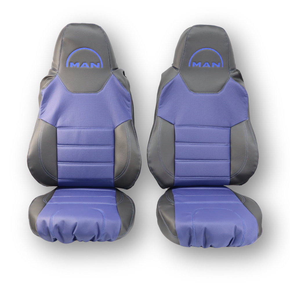 Чохол на сидіння MAN TGX,TGA,TGL,TGM,TGS; (2017) 1 ремінь водій, перфор шкіра синя - боки чорна шкіра Чохол на сидіння MAN TGX,TGA,TGL,TGM,TGS; (2017) 1 ремінь водій, перфор шкіра синя - боки чорна шкіра