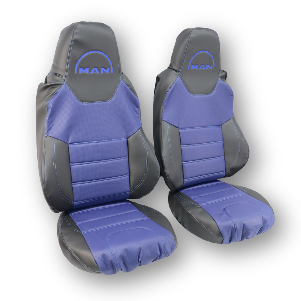 Чохол на сидіння MAN TGX,TGA,TGL,TGM,TGS; (2017) 1 ремінь водій, перфор шкіра синя - боки чорна шкіра Чохол на сидіння MAN TGX,TGA,TGL,TGM,TGS; (2017) 1 ремінь водій, перфор шкіра синя - боки чорна шкіра