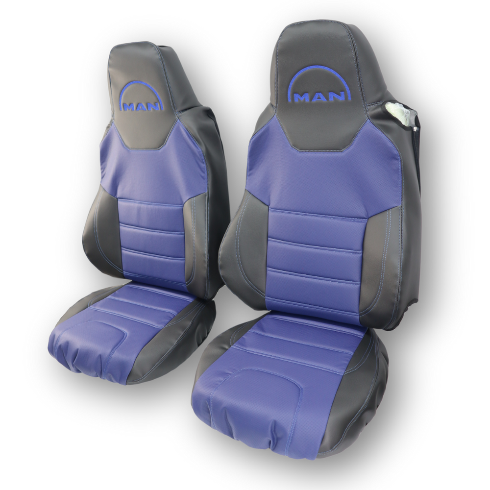 Чохол на сидіння MAN TGX,TGA,TGL,TGM,TGS; (2017) 1 ремінь водій, перфор шкіра синя - боки чорна шкіра Чохол на сидіння MAN TGX,TGA,TGL,TGM,TGS; (2017) 1 ремінь водій, перфор шкіра синя - боки чорна шкіра