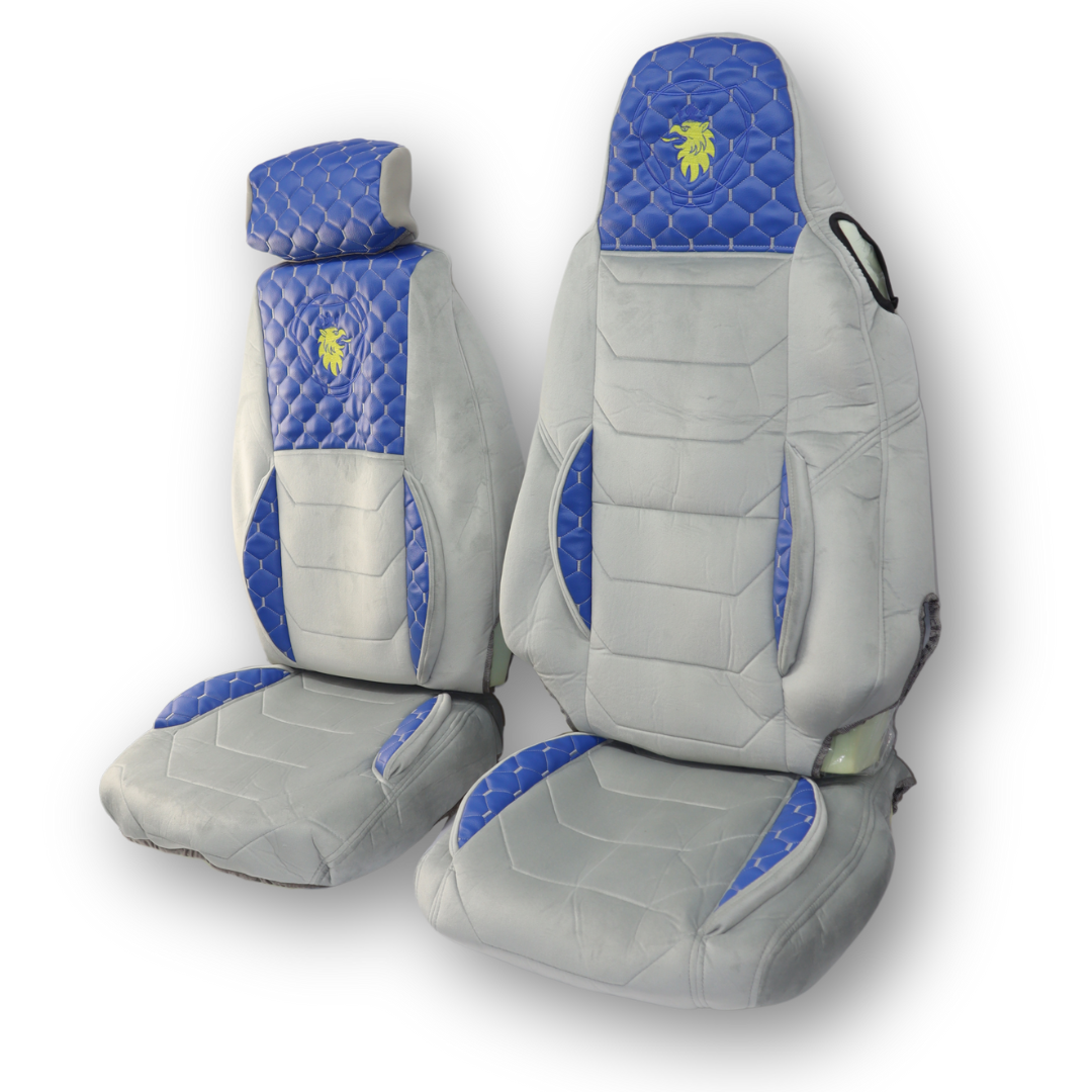 Чехол на сиденья KLF UK SCANIA R,G,P,S (2014-...) водит. монолит - пасс. складное, синяя экокожа - серый велюр Чехол на сиденья KLF UK SCANIA R,G,P,S (2014-...) водит. монолит - пасс. складное, синяя экокожа - серый велюр