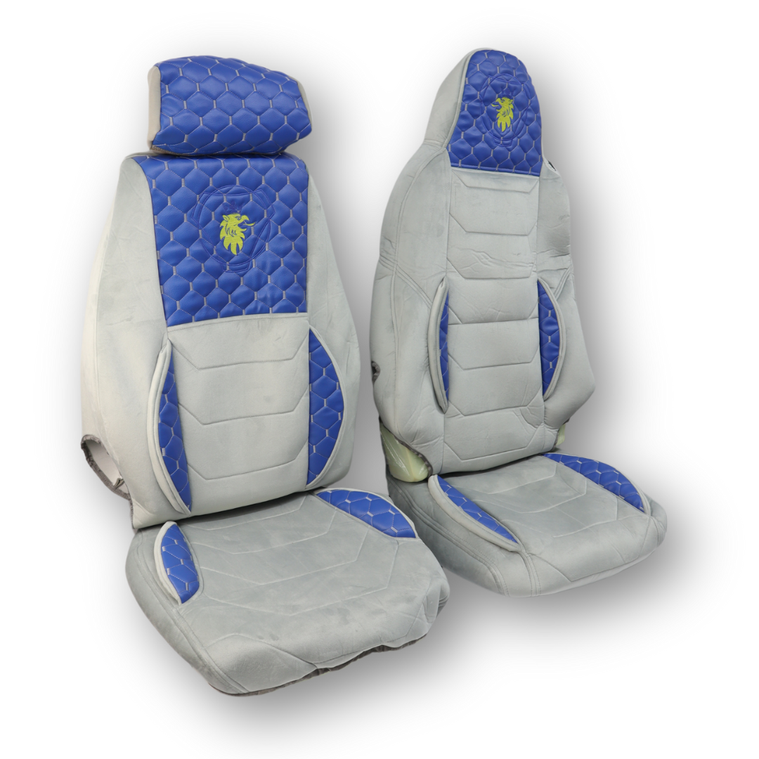 Чехол на сиденья KLF UK SCANIA R,G,P,S (2014-...) водит. монолит - пасс. складное, синяя экокожа - серый велюр Чехол на сиденья KLF UK SCANIA R,G,P,S (2014-...) водит. монолит - пасс. складное, синяя экокожа - серый велюр