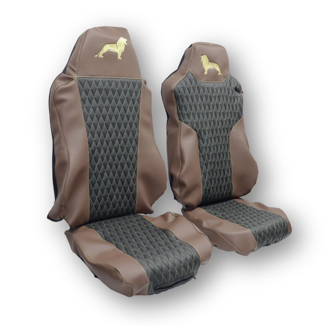 Чехол на сиденья KAR Кожа+стежка MAN TGX,TGA,TGL,TGM,TGS; (2007-2020) 1 ремень, водитель (Низкий) пассажир (Высокий) черная перфор кожа - коричневая Чехол на сиденья KAR Кожа+стежка MAN TGX,TGA,TGL,TGM,TGS; (2007-2020) 1 ремень, водитель (Низкий) пассажир (Высокий) черная перфор кожа - коричневая