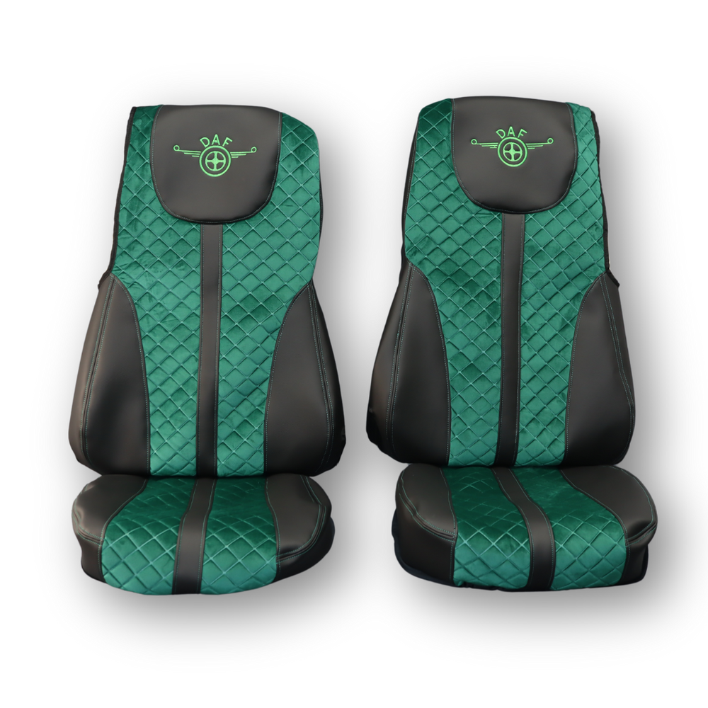 Чохол на сидіння Enterprise DAF XF105 106 XG CF85 LF (2013-2024), шкіра чорна - велюр зелений Чохол на сидіння Enterprise DAF XF105 106 XG CF85 LF (2013-2024), шкіра чорна - велюр зелений
