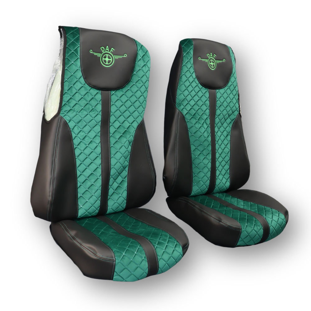 Чохол на сидіння Enterprise DAF XF105 106 XG CF85 LF (2013-2024), шкіра чорна - велюр зелений Чохол на сидіння Enterprise DAF XF105 106 XG CF85 LF (2013-2024), шкіра чорна - велюр зелений