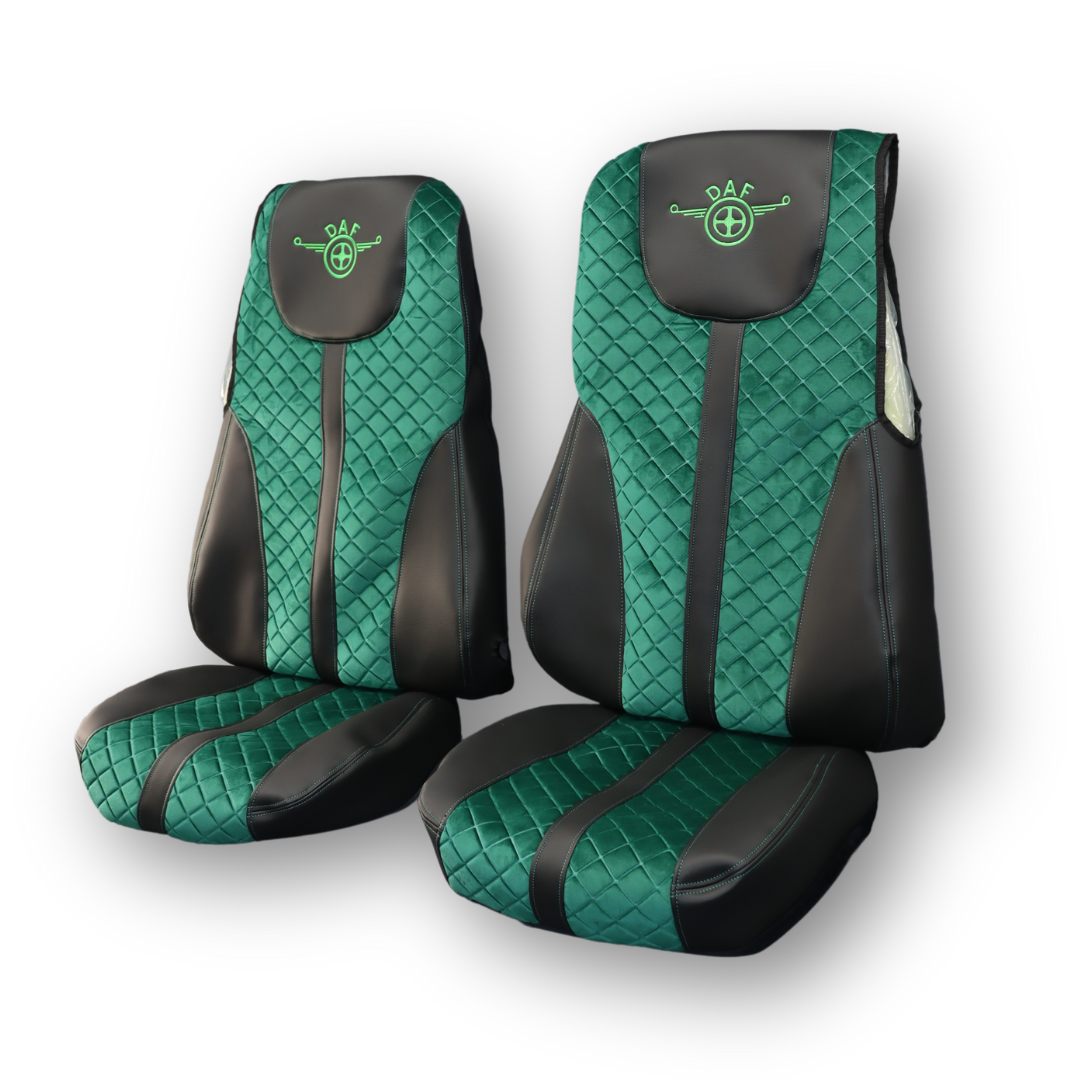 Чохол на сидіння Enterprise DAF XF105 106 XG CF85 LF (2013-2024), шкіра чорна - велюр зелений Чохол на сидіння Enterprise DAF XF105 106 XG CF85 LF (2013-2024), шкіра чорна - велюр зелений