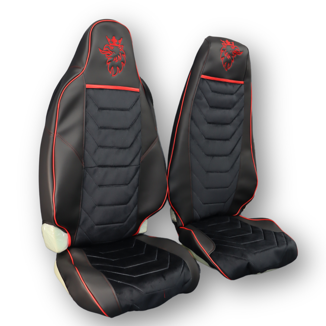 Чехол на сиденья SCANIA R,G,P,S (2014-...) водит. монолит - пасс. пилот, черный велюр - черная кожа Чехол на сиденья SCANIA R,G,P,S (2014-...) водит. монолит - пасс. пилот, черный велюр - черная кожа