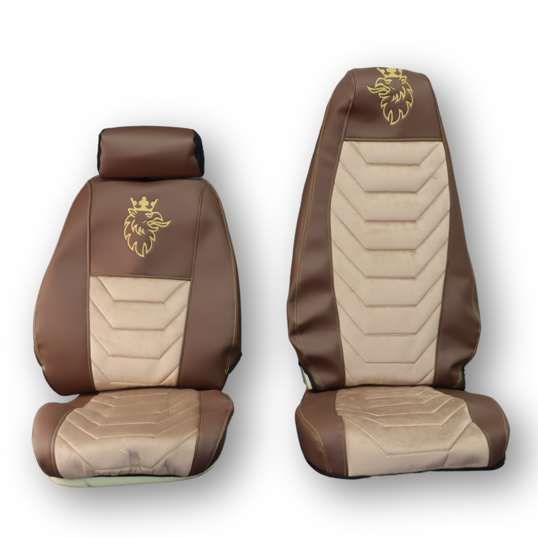 Чехол на сиденья SCANIA R,G,P (2004-2017) водит. пилот - пасс. складное, коричневая кожа - бежевый велюр Чехол на сиденья SCANIA R,G,P (2004-2017) водит. пилот - пасс. складное, коричневая кожа - бежевый велюр