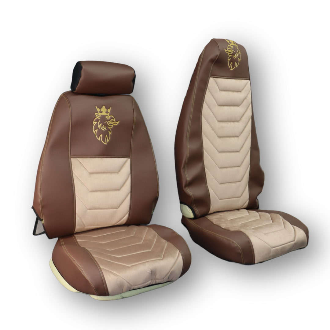 Чехол на сиденья SCANIA R,G,P (2004-2017) водит. пилот - пасс. складное, коричневая кожа - бежевый велюр Чехол на сиденья SCANIA R,G,P (2004-2017) водит. пилот - пасс. складное, коричневая кожа - бежевый велюр