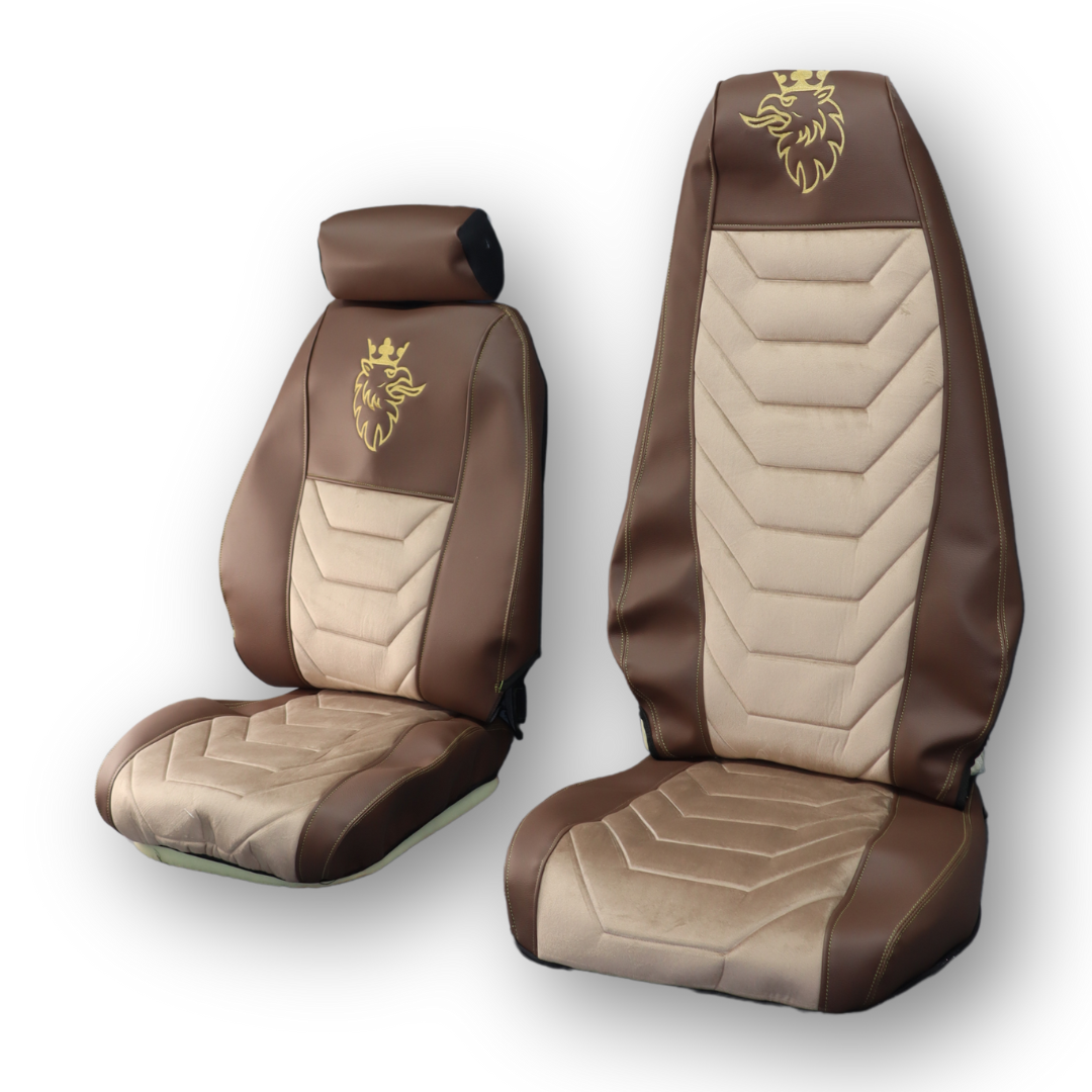 Чехол на сиденья SCANIA R,G,P (2004-2017) водит. пилот - пасс. складное, коричневая кожа - бежевый велюр Чехол на сиденья SCANIA R,G,P (2004-2017) водит. пилот - пасс. складное, коричневая кожа - бежевый велюр