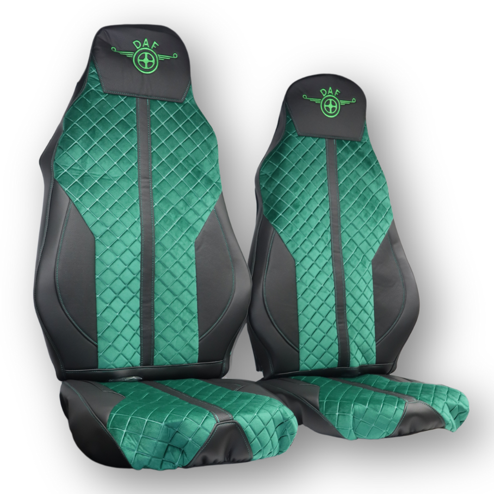 Чохол на сидіння Enterprise DAF XF95 105 CF85 75 65 LF (2002-2012) , шкіра чорна - велюр сота зелена Чохол на сидіння Enterprise DAF XF95 105 CF85 75 65 LF (2002-2012) , шкіра чорна - велюр сота зелена