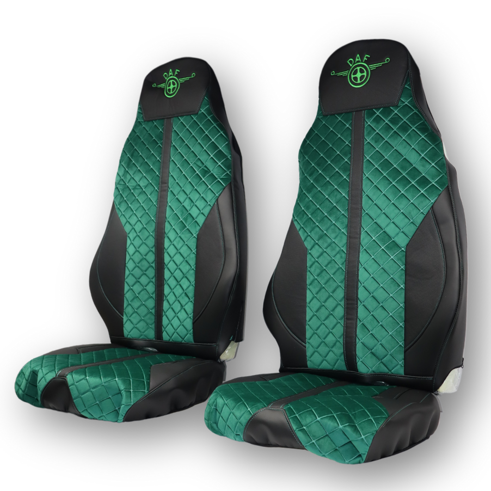 Чохол на сидіння Enterprise DAF XF95 105 CF85 75 65 LF (2002-2012) , шкіра чорна - велюр сота зелена Чохол на сидіння Enterprise DAF XF95 105 CF85 75 65 LF (2002-2012) , шкіра чорна - велюр сота зелена
