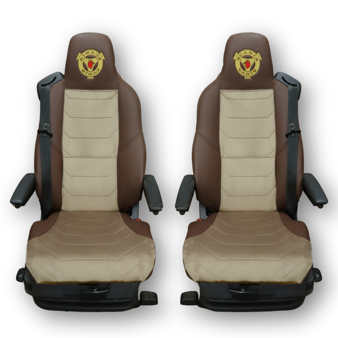 Чехол на сиденья SCANIA R,G,P,S (2014-...) водит. монолит - пасс. монолит, бежевый велюр - коричневая кожа Чехол на сиденья SCANIA R,G,P,S (2014-...) водит. монолит - пасс. монолит, бежевый велюр - коричневая кожа