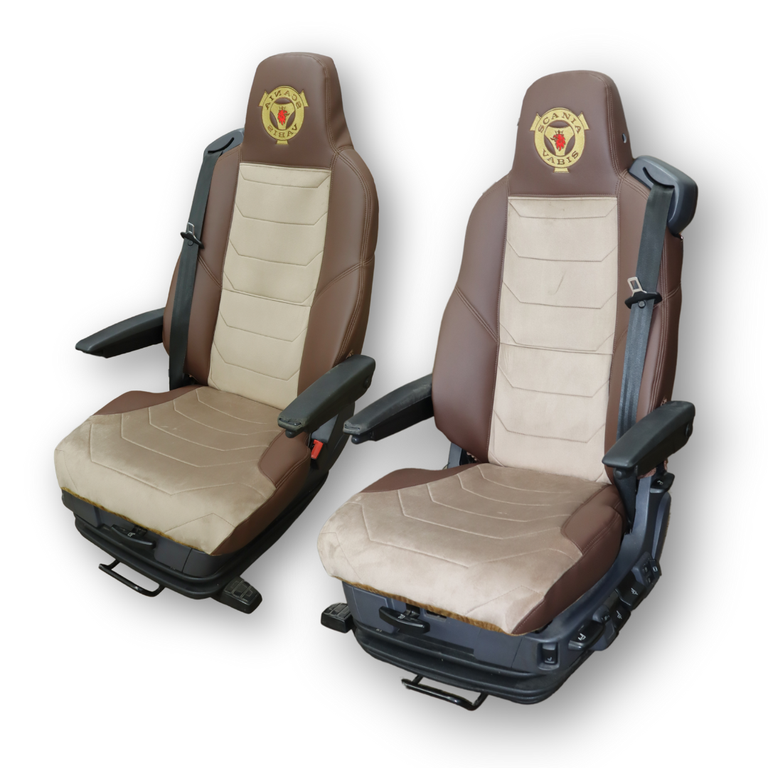 Чехол на сиденья SCANIA R,G,P,S (2014-...) водит. монолит - пасс. монолит, бежевый велюр - коричневая кожа Чехол на сиденья SCANIA R,G,P,S (2014-...) водит. монолит - пасс. монолит, бежевый велюр - коричневая кожа