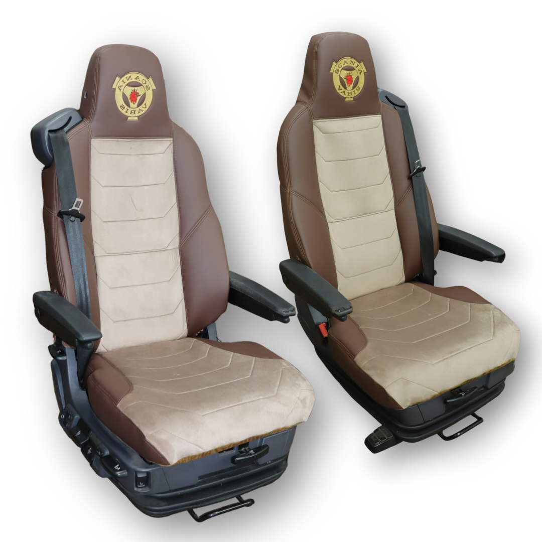 Чехол на сиденья SCANIA R,G,P,S (2014-...) водит. монолит - пасс. монолит, бежевый велюр - коричневая кожа Чехол на сиденья SCANIA R,G,P,S (2014-...) водит. монолит - пасс. монолит, бежевый велюр - коричневая кожа
