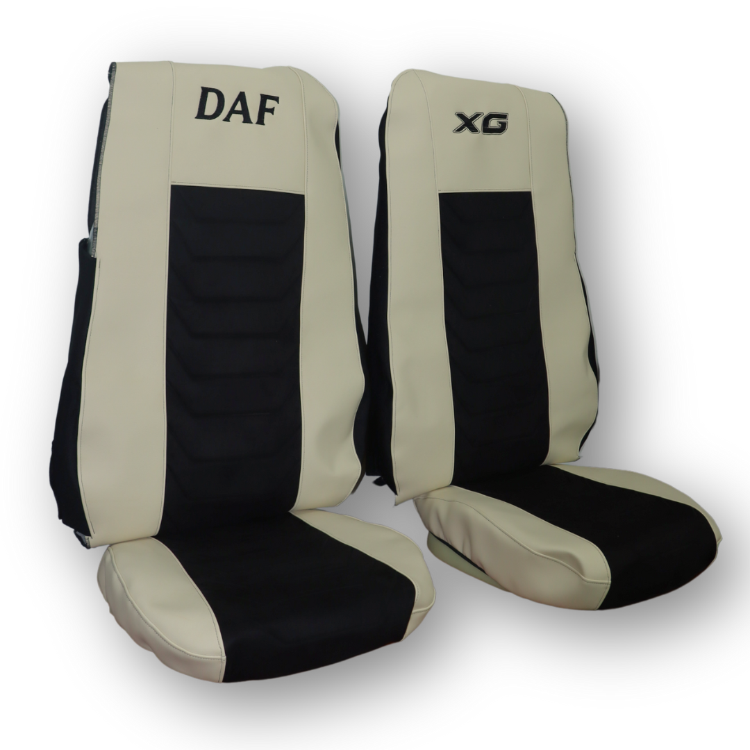 Чохол на сидіння DAF XF105 106 XG CF85 LF (2013-2024) бежева шкіра - чорний велюр Чохол на сидіння DAF XF105 106 XG CF85 LF (2013-2024) бежева шкіра - чорний велюр