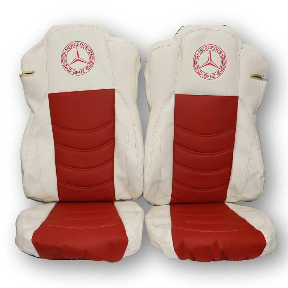 Чохол на сидіння Mercedes Actros (2011-...) 2 ремені, бежева шкіра - перфорована червона шкіра Чохол на сидіння Mercedes Actros (2011-...) 2 ремені, бежева шкіра - перфорована червона шкіра