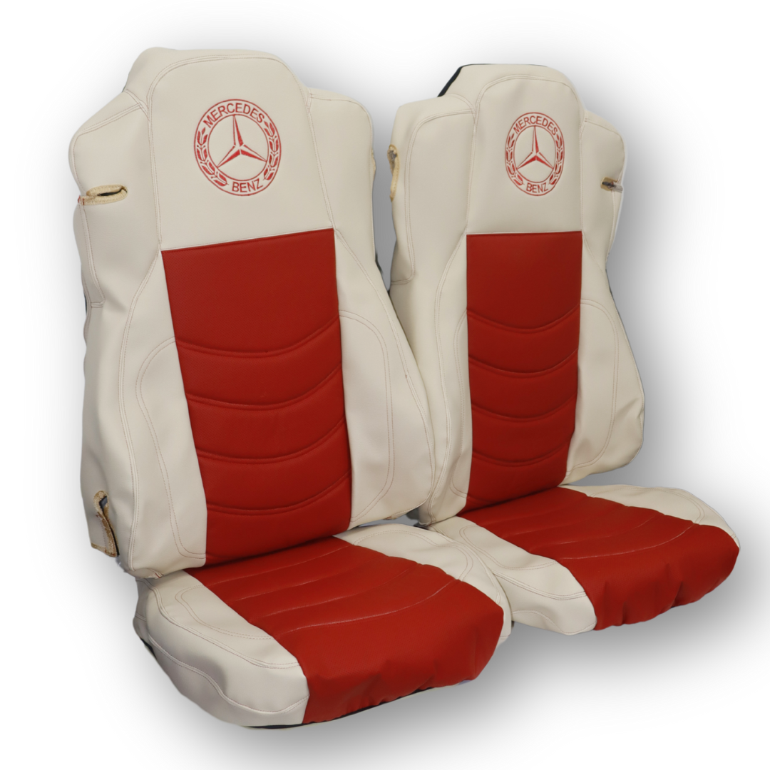 Чохол на сидіння Mercedes Actros (2011-...) 2 ремені, бежева шкіра - перфорована червона шкіра Чохол на сидіння Mercedes Actros (2011-...) 2 ремені, бежева шкіра - перфорована червона шкіра