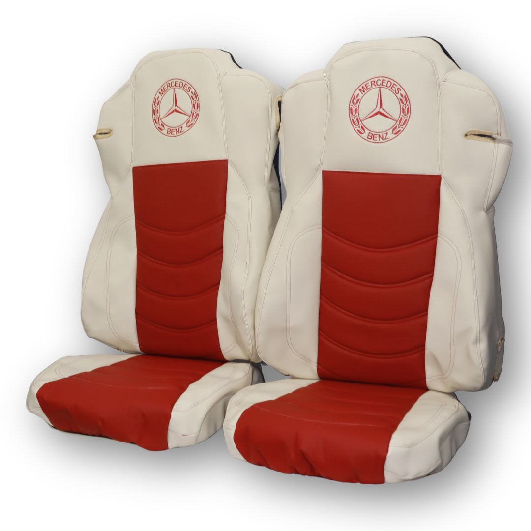 Чохол на сидіння Mercedes Actros (2011-...) 2 ремені, бежева шкіра - перфорована червона шкіра Чохол на сидіння Mercedes Actros (2011-...) 2 ремені, бежева шкіра - перфорована червона шкіра