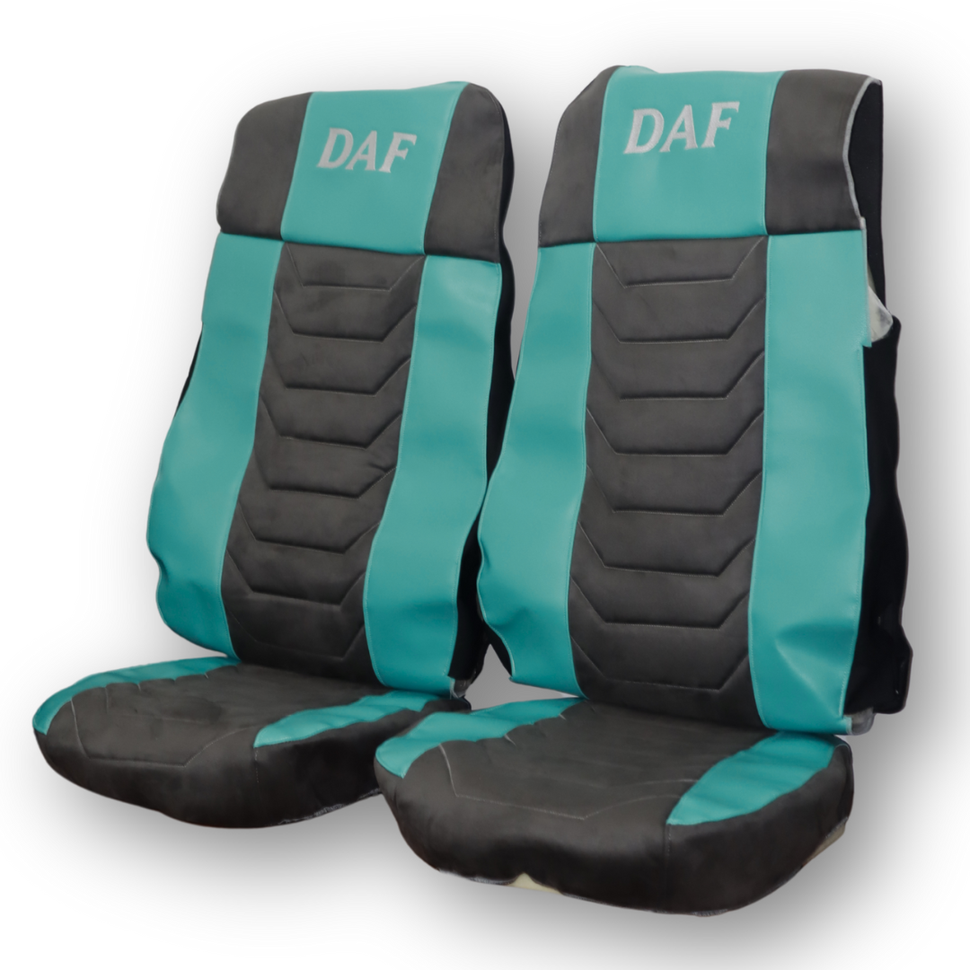 Чохол на сидіння Chess DAF XF 105; 106; XG; CF 85; LF (2013-2024); бірюзова шкіра - чорна алькантара Чохол на сидіння Chess DAF XF 105; 106; XG; CF 85; LF (2013-2024); бірюзова шкіра - чорна алькантара