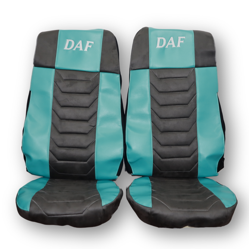 Чохол на сидіння Chess DAF XF 105; 106; XG; CF 85; LF (2013-2024); бірюзова шкіра - чорна алькантара Чохол на сидіння Chess DAF XF 105; 106; XG; CF 85; LF (2013-2024); бірюзова шкіра - чорна алькантара