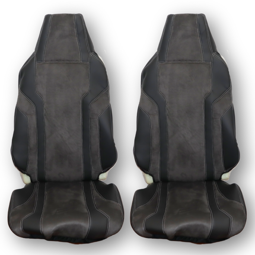 Чохол на сидіння SCANIA R, G, P, S (з 2014); водій моноліт - пасажир моноліт; темно-сіра алькантара - чорна шкіра Чохол на сидіння SCANIA R, G, P, S (з 2014); водій моноліт - пасажир моноліт; темно-сіра алькантара - чорна шкіра