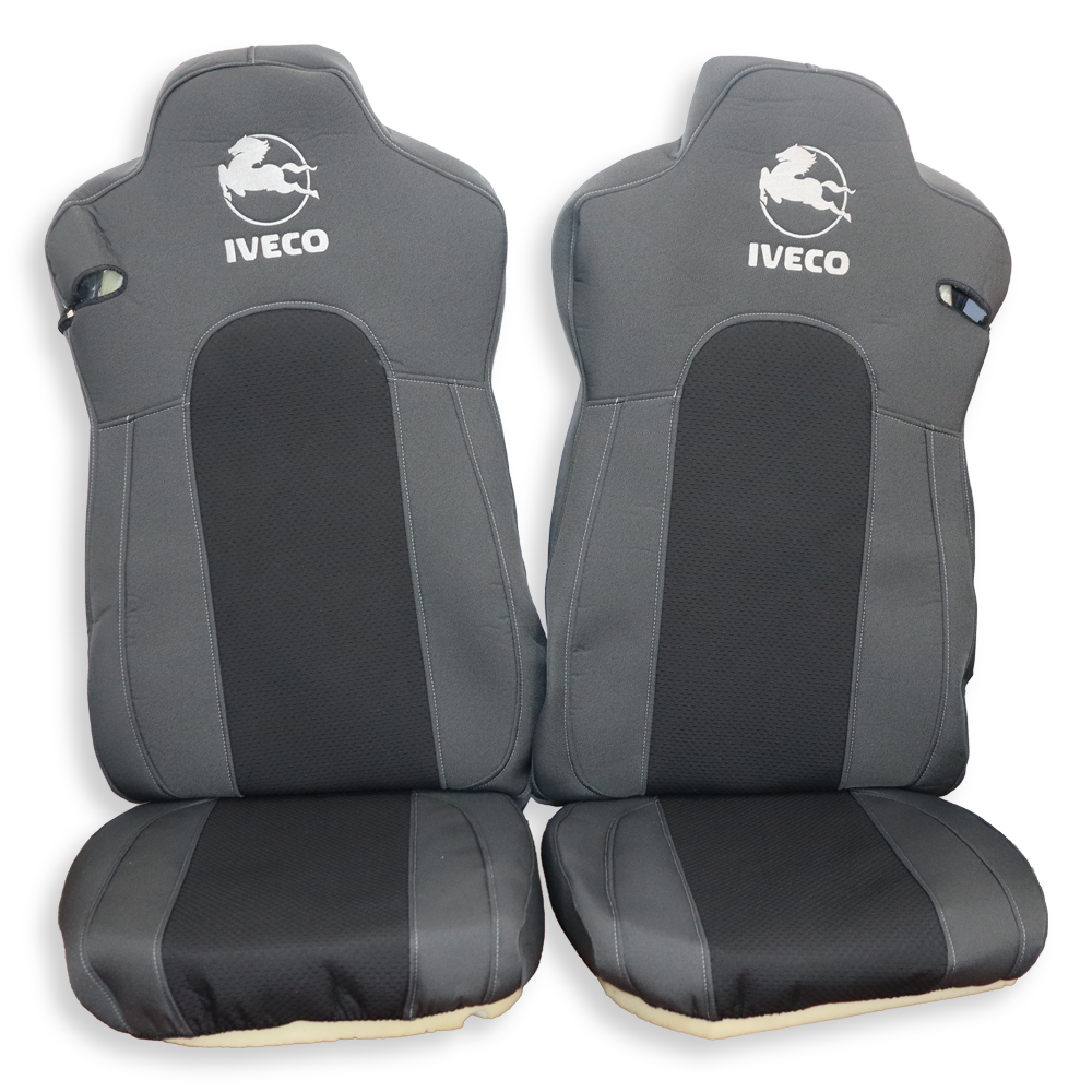 Чохол на сидіння IVECO STRALIS S-WAY, T-WAY (2019-2025 р.), водій та пасажир моноліт високий, сіра діагональ Чохол на сидіння IVECO STRALIS S-WAY, T-WAY (2019-2025 р.), водій та пасажир моноліт високий, сіра діагональ