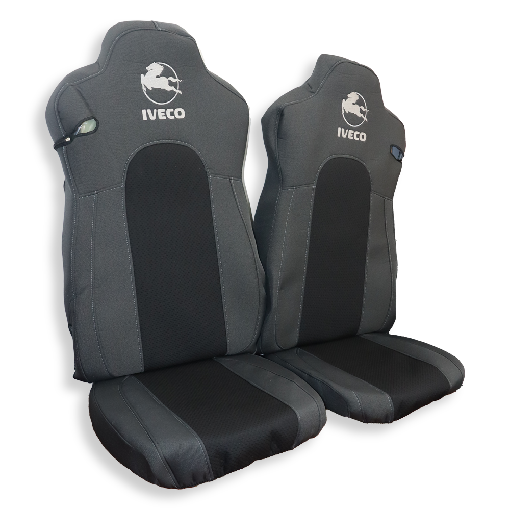 Чохол на сидіння IVECO STRALIS S-WAY, T-WAY (2019-2025 р.), водій та пасажир моноліт високий, сіра діагональ Чохол на сидіння IVECO STRALIS S-WAY, T-WAY (2019-2025 р.), водій та пасажир моноліт високий, сіра діагональ