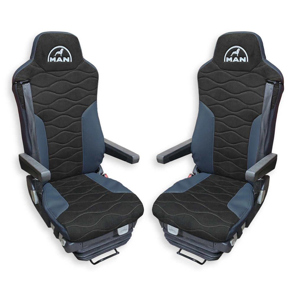 Чехол на сиденья MAN TGX,TGA,TGL,TGM,TGS; (2007-2020) 2 ремня, водитель и пассажир (Низкий) т.серая алькантара - т.серая кожа Чехол на сиденья MAN TGX,TGA,TGL,TGM,TGS; (2007-2020) 2 ремня, водитель и пассажир (Низкий) т.серая алькантара - т.серая кожа