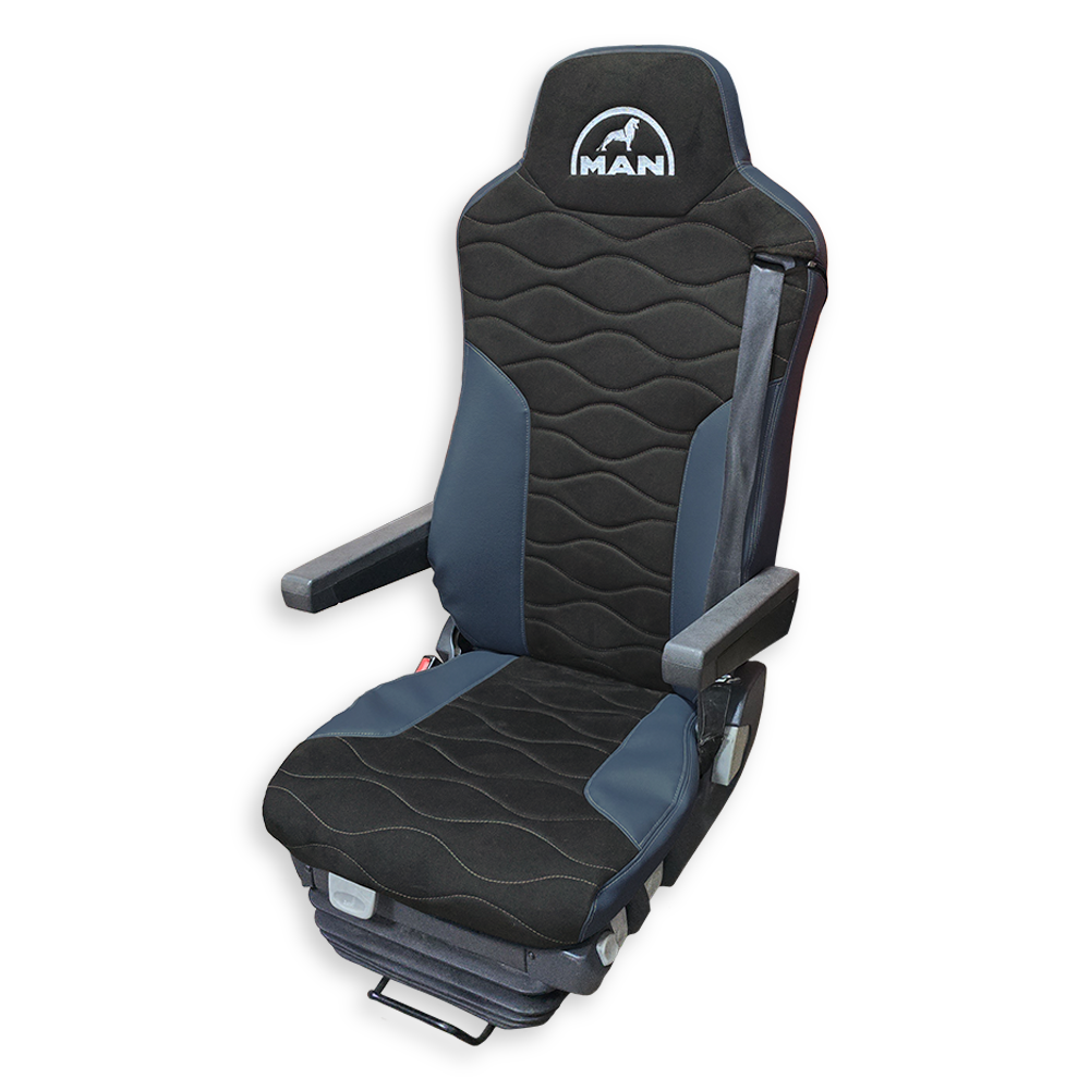 Чехол на сиденья MAN TGX,TGA,TGL,TGM,TGS; (2007-2020) 2 ремня, водитель и пассажир (Низкий) т.серая алькантара - т.серая кожа Чехол на сиденья MAN TGX,TGA,TGL,TGM,TGS; (2007-2020) 2 ремня, водитель и пассажир (Низкий) т.серая алькантара - т.серая кожа