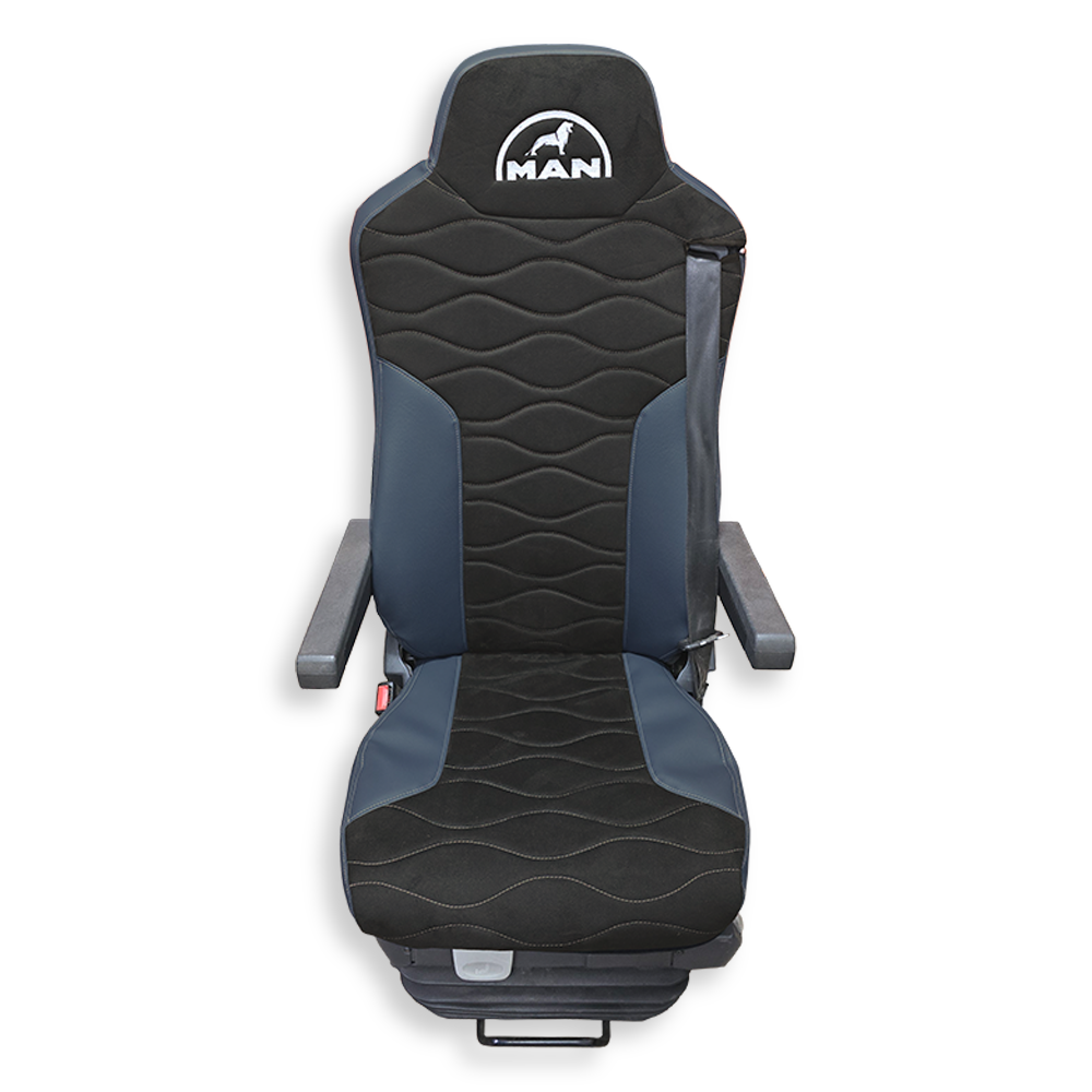 Чехол на сиденья MAN TGX,TGA,TGL,TGM,TGS; (2007-2020) 2 ремня, водитель и пассажир (Низкий) т.серая алькантара - т.серая кожа Чехол на сиденья MAN TGX,TGA,TGL,TGM,TGS; (2007-2020) 2 ремня, водитель и пассажир (Низкий) т.серая алькантара - т.серая кожа