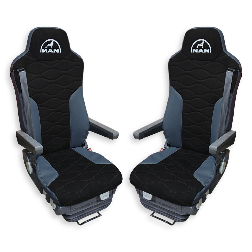 Чехол на сиденья MAN TGX,TGA,TGL,TGM,TGS; (2007-2020) 2 ремня, водитель и пассажир (Низкий) черная алькантара - т.серая кожа Чехол на сиденья MAN TGX,TGA,TGL,TGM,TGS; (2007-2020) 2 ремня, водитель и пассажир (Низкий) черная алькантара - т.серая кожа