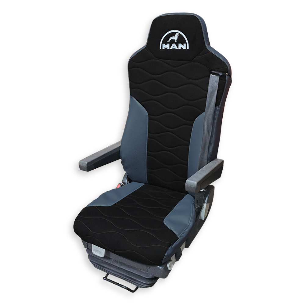Чехол на сиденья MAN TGX,TGA,TGL,TGM,TGS; (2007-2020) 2 ремня, водитель и пассажир (Низкий) черная алькантара - т.серая кожа Чехол на сиденья MAN TGX,TGA,TGL,TGM,TGS; (2007-2020) 2 ремня, водитель и пассажир (Низкий) черная алькантара - т.серая кожа