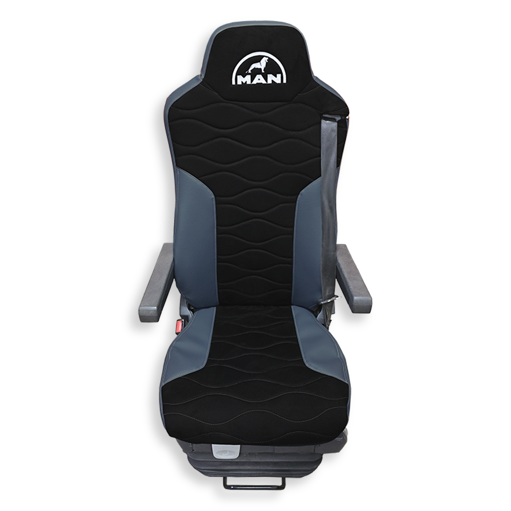 Чехол на сиденья MAN TGX,TGA,TGL,TGM,TGS; (2007-2020) 2 ремня, водитель и пассажир (Низкий) черная алькантара - т.серая кожа Чехол на сиденья MAN TGX,TGA,TGL,TGM,TGS; (2007-2020) 2 ремня, водитель и пассажир (Низкий) черная алькантара - т.серая кожа