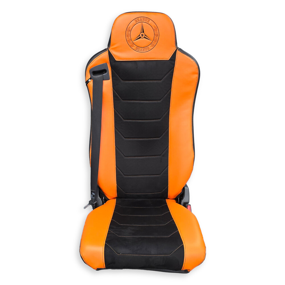 Чехол на сиденья Mercedes ATEGO/AXOR/ACTROS, 2 ремня пассажир складное, кожа оранжевая -алькантара черная Чехол на сиденья Mercedes ATEGO/AXOR/ACTROS, 2 ремня пассажир складное, кожа оранжевая -алькантара черная