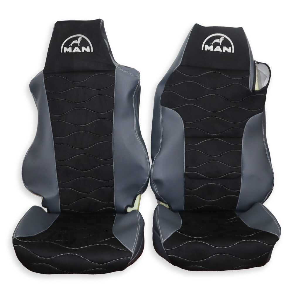 Чехол на сиденья MAN TGX,TGA,TGL,TGM,TGS; (2005-2020) 1 ремень водитель, черная алькантара-серая кожа