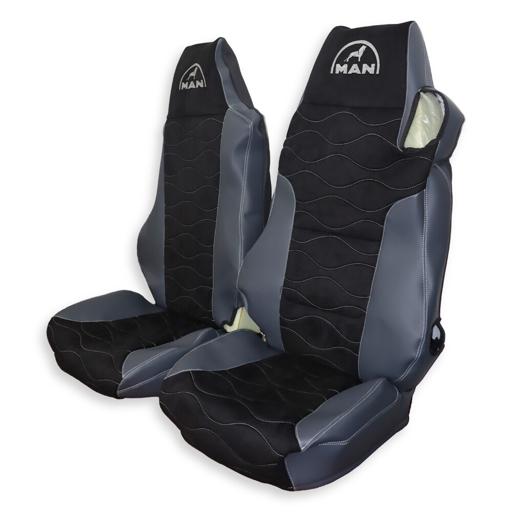 Чехол на сиденья MAN TGX,TGA,TGL,TGM,TGS; (2005-2020) 1 ремень водитель, черная алькантара-серая кожа