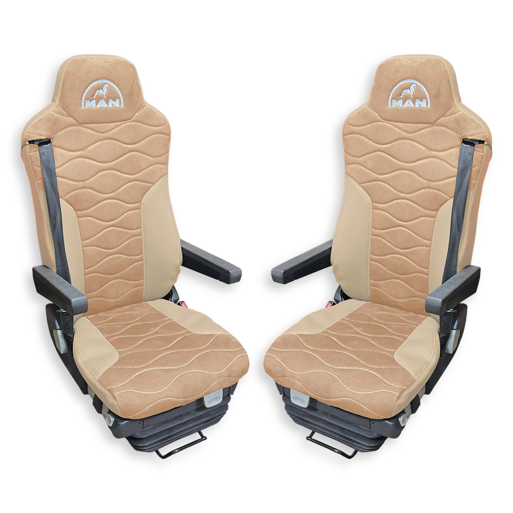 Чохол на сидіння MAN TGX, TGA, TGL, TGM, TGS; (2007-2020) 2 ременя, водій та пасажир (Низький) бежева алькантара - бежева шкіра Чохол на сидіння MAN TGX, TGA, TGL, TGM, TGS; (2007-2020) 2 ременя, водій та пасажир (Низький) бежева алькантара - бежева шкіра