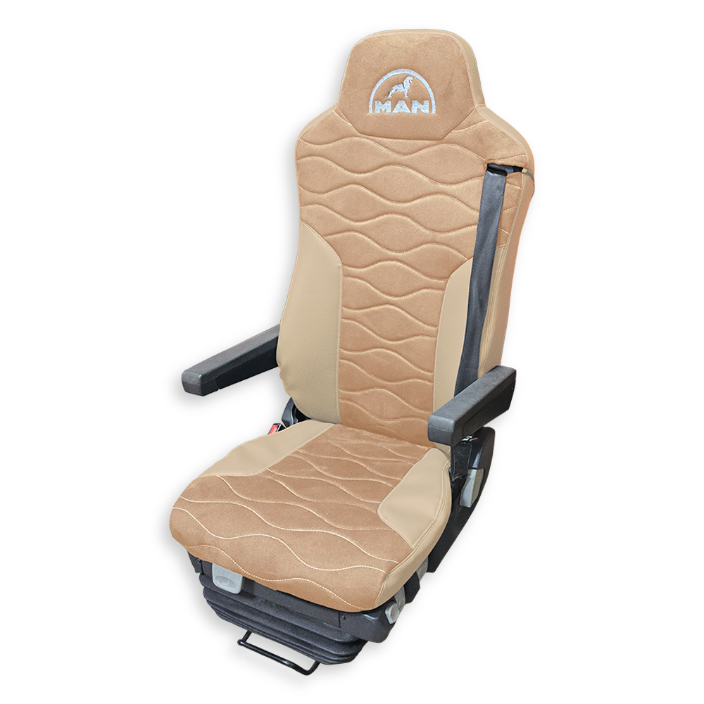Чохол на сидіння MAN TGX, TGA, TGL, TGM, TGS; (2007-2020) 2 ременя, водій та пасажир (Низький) бежева алькантара - бежева шкіра Чохол на сидіння MAN TGX, TGA, TGL, TGM, TGS; (2007-2020) 2 ременя, водій та пасажир (Низький) бежева алькантара - бежева шкіра